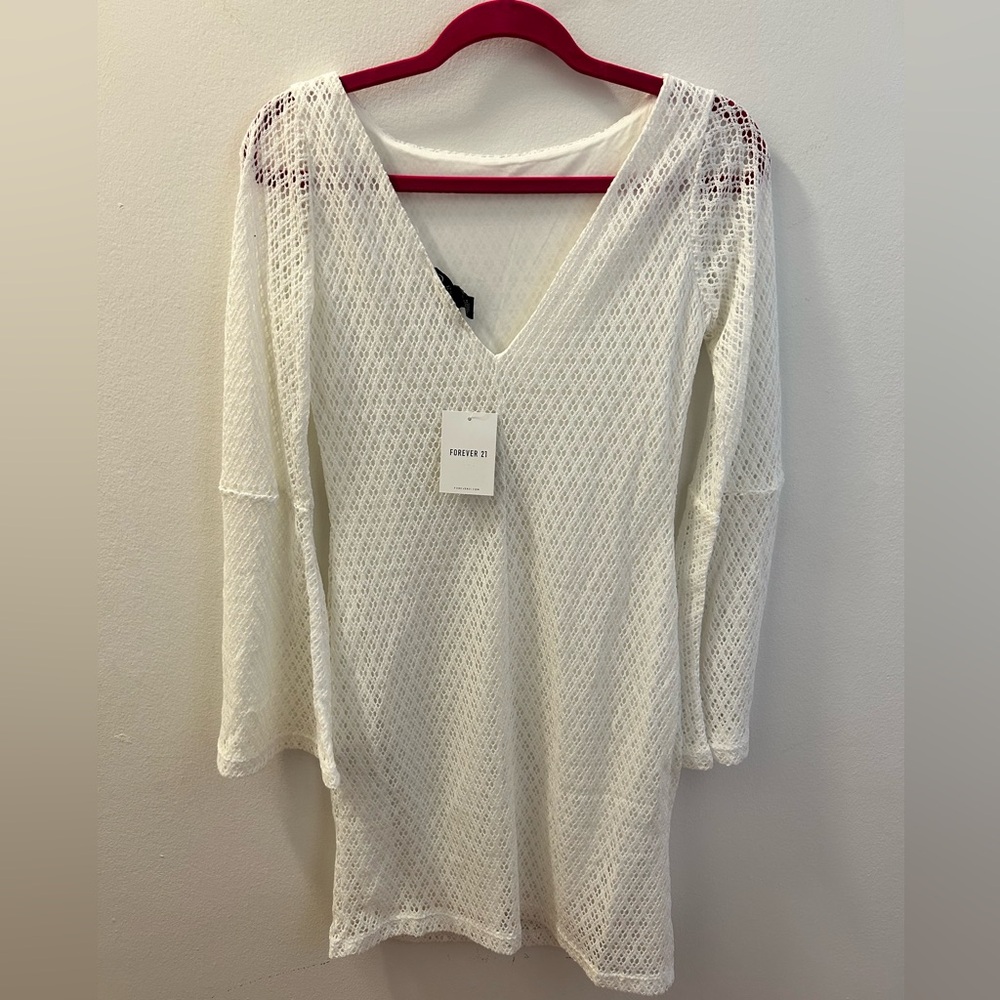 White Lace Bodycon Fully-Lined Dress with Bell Sleeves